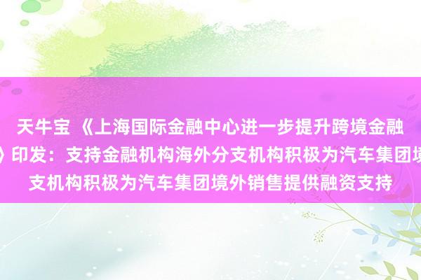 天牛宝 《上海国际金融中心进一步提升跨境金融服务便利化行动方案》印发：支持金融机构海外分支机构积极为汽车集团境外销售提供融资支持